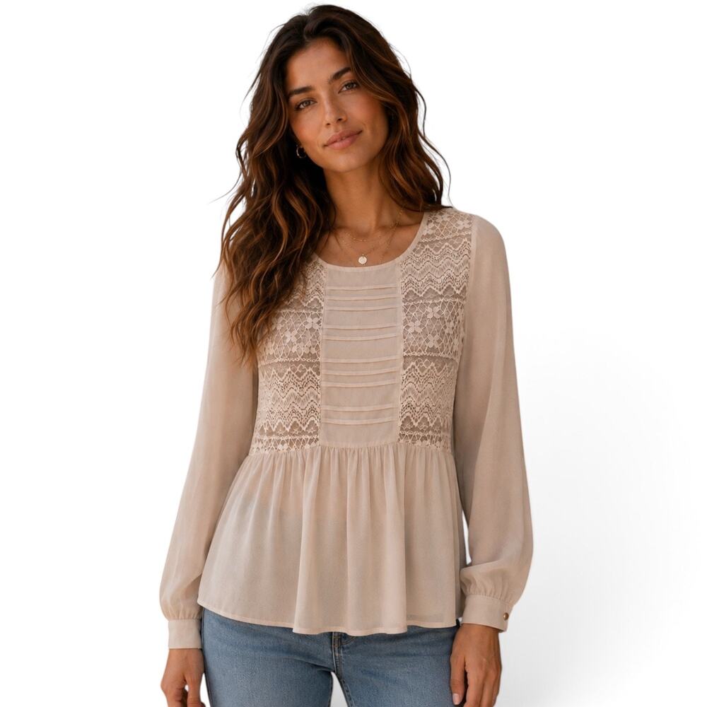 Elodie Women's Buff Pleated Chiffon & See-Through Lace Long Sleeve Blouse Size S